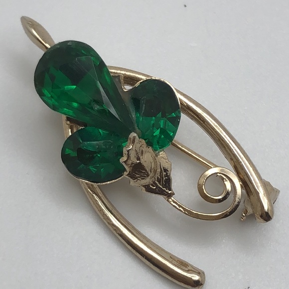 Elegant Vintage Brooch Pin Wishbone Shamrock Clover Lucky Charm Emerald Silver - Picture 4 of 6